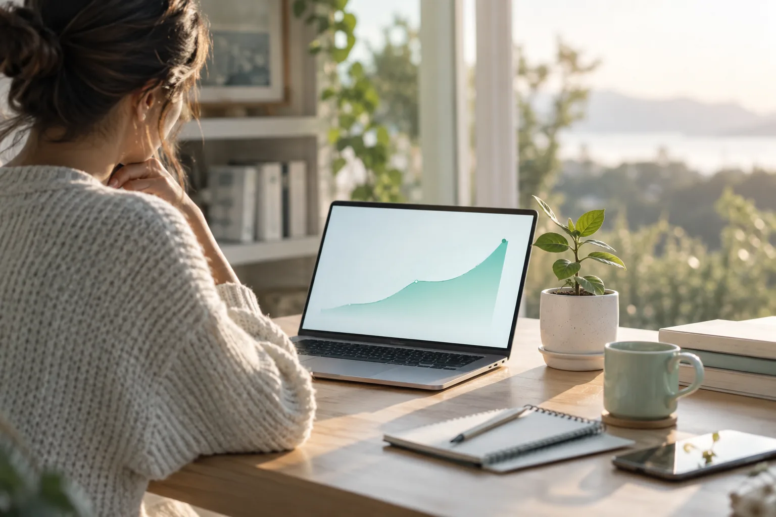 Cinematic photograph of an open laptop on a bright, sunlit wooden desk, its screen glowing softly with a rising teal growth curve seen slightly out of focus, a small green seedling in a white pot beside it, calm mint and white tones, wide editorial framing